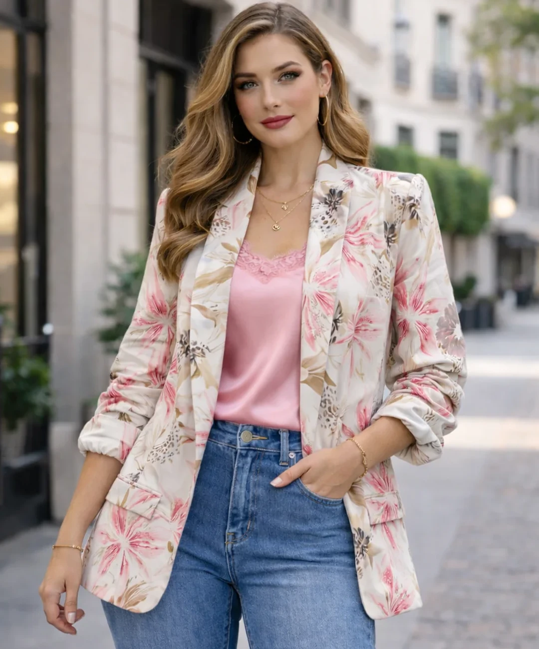 Contrast Lily Printed Rouched Sleeve Blazer