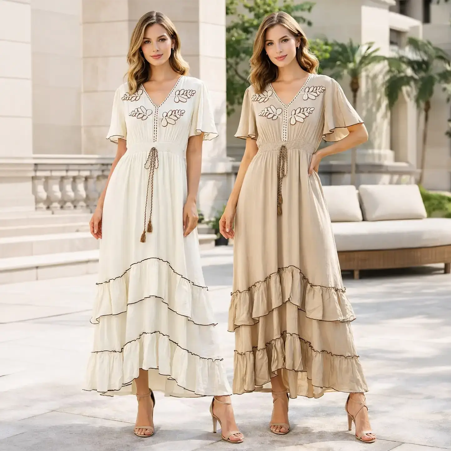 Contrast Tie Tier V Maxi Dress