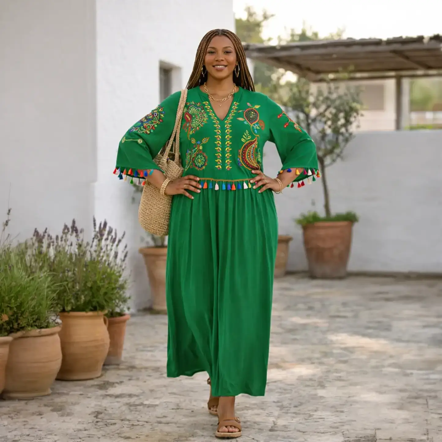 Embroidered Tiered Midi Dress with V-Neck Design in Green