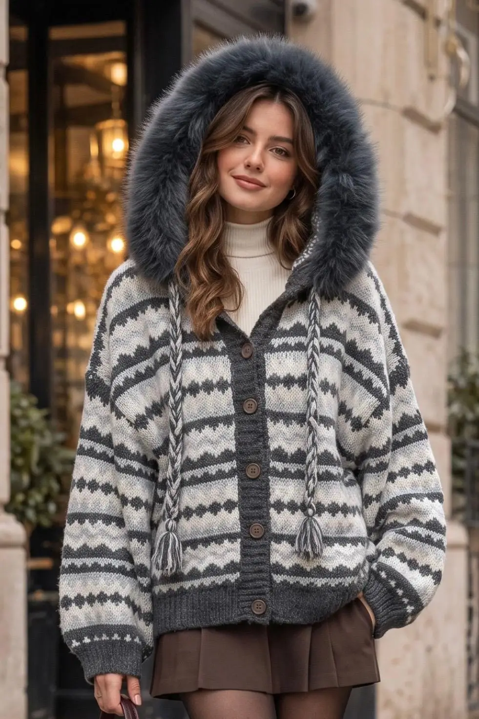 Faux Fur Hood Chunky Knit Cardigan Jacket – Grey