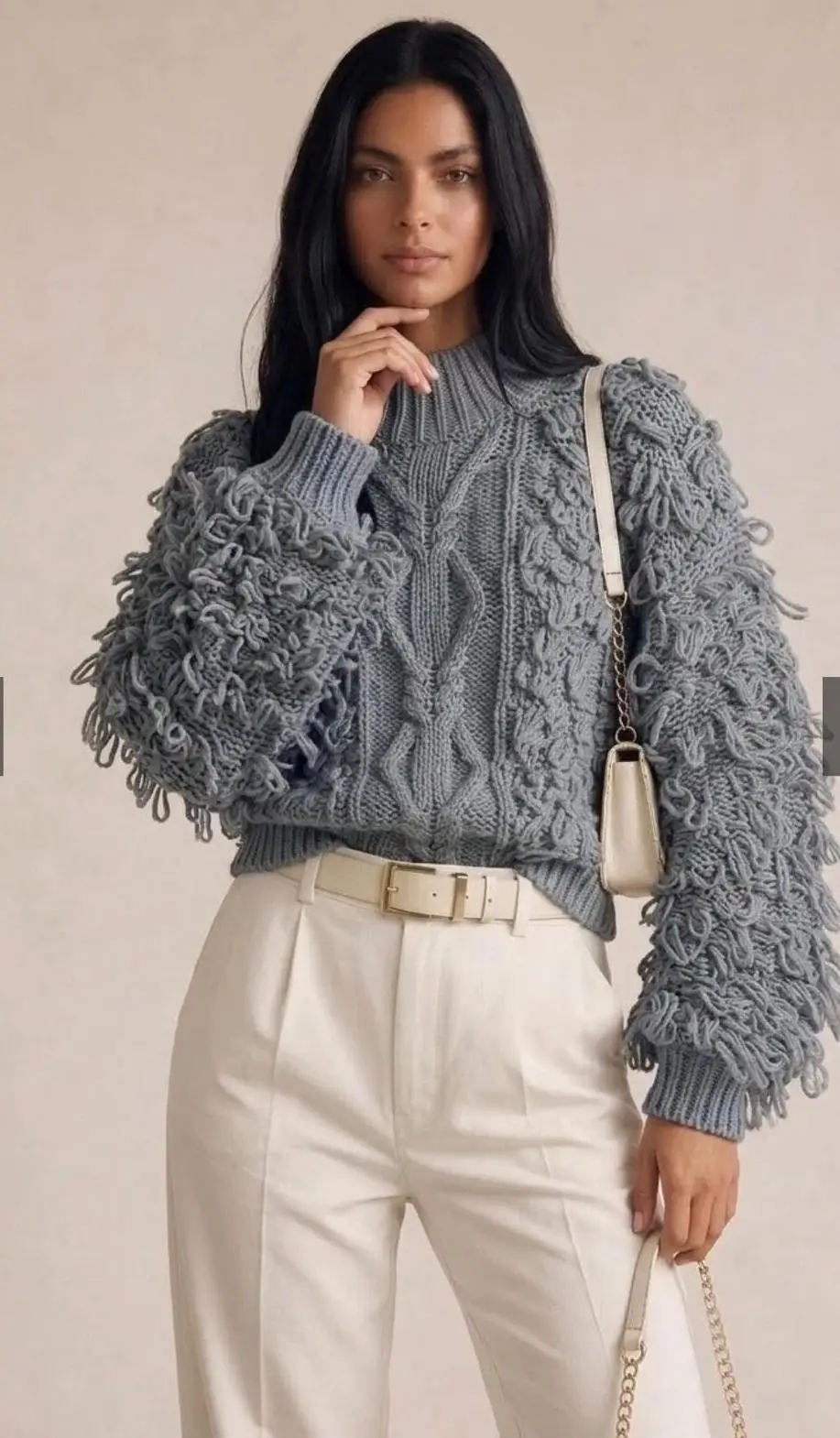 Chunky Loop Knit Cable Sweater – Grey