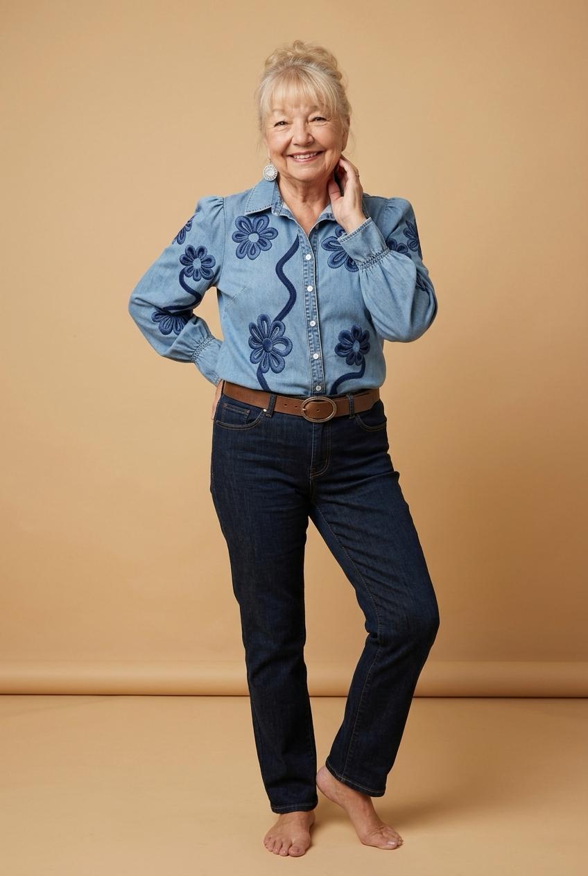 Denim Blue Colour Floral Print Shirt with Puff Sleeves